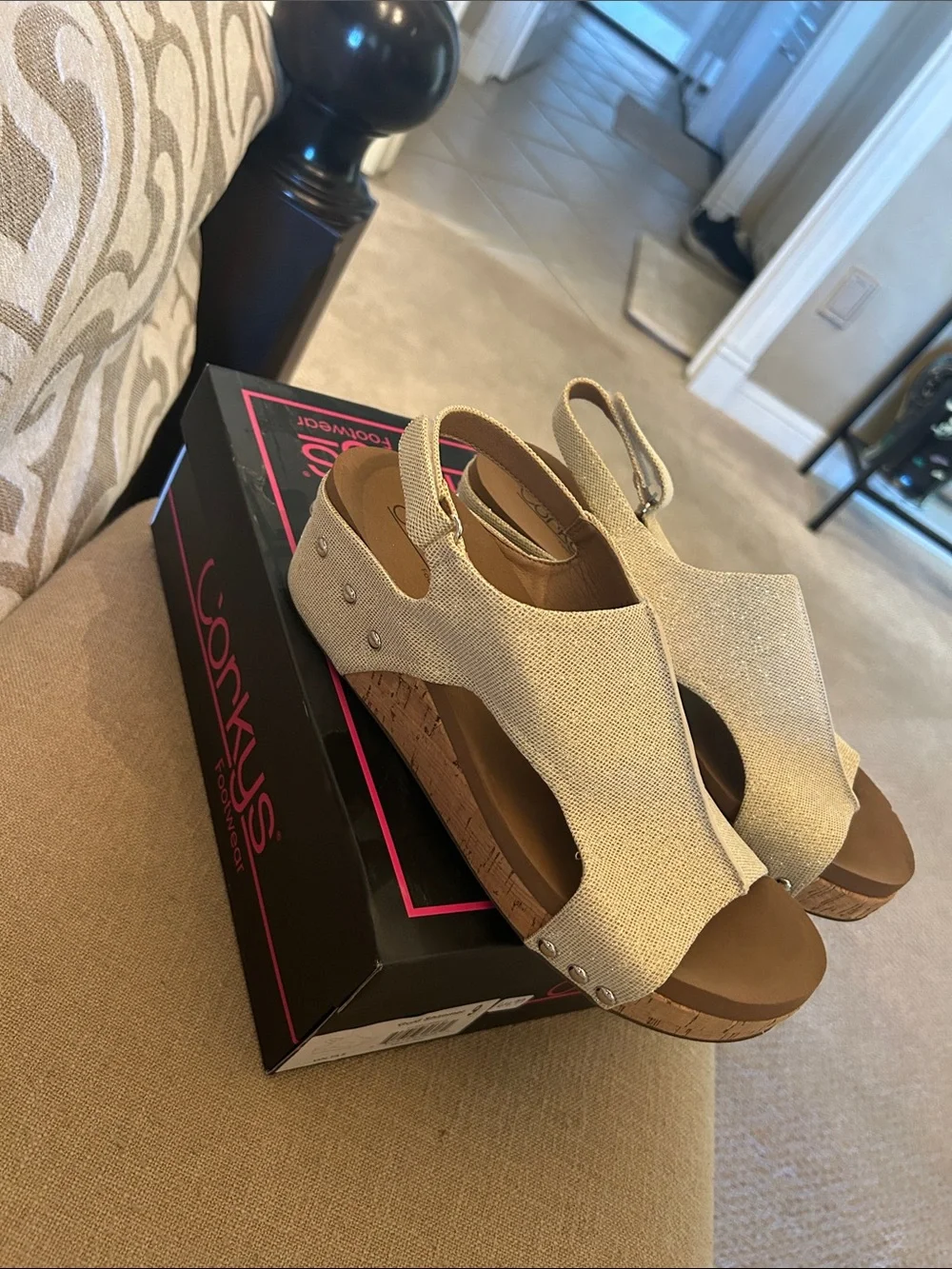 Corkys Gold Canvas Cork Wedge Slingback Sandals - Picture 1 of 3